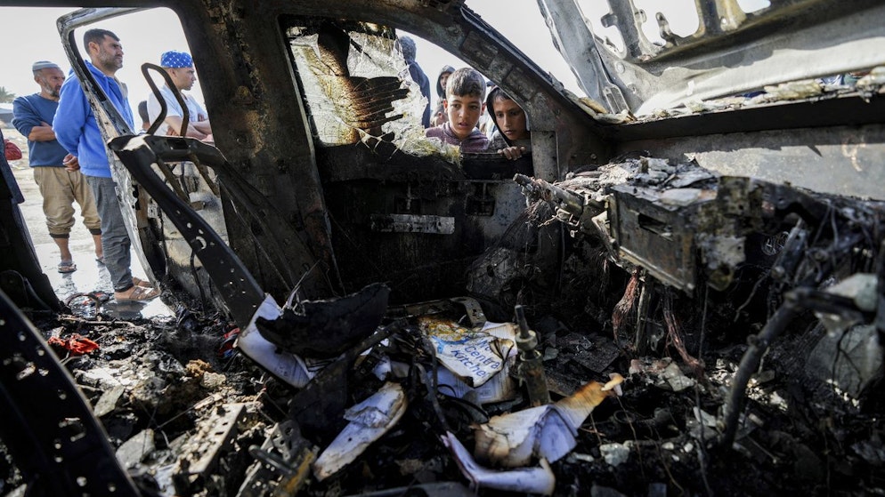 One of the vehicles that killed workers from the aid organization World Central Kitchen (WCK) in an Israeli airstrike in Deir al-Bala on Monday.